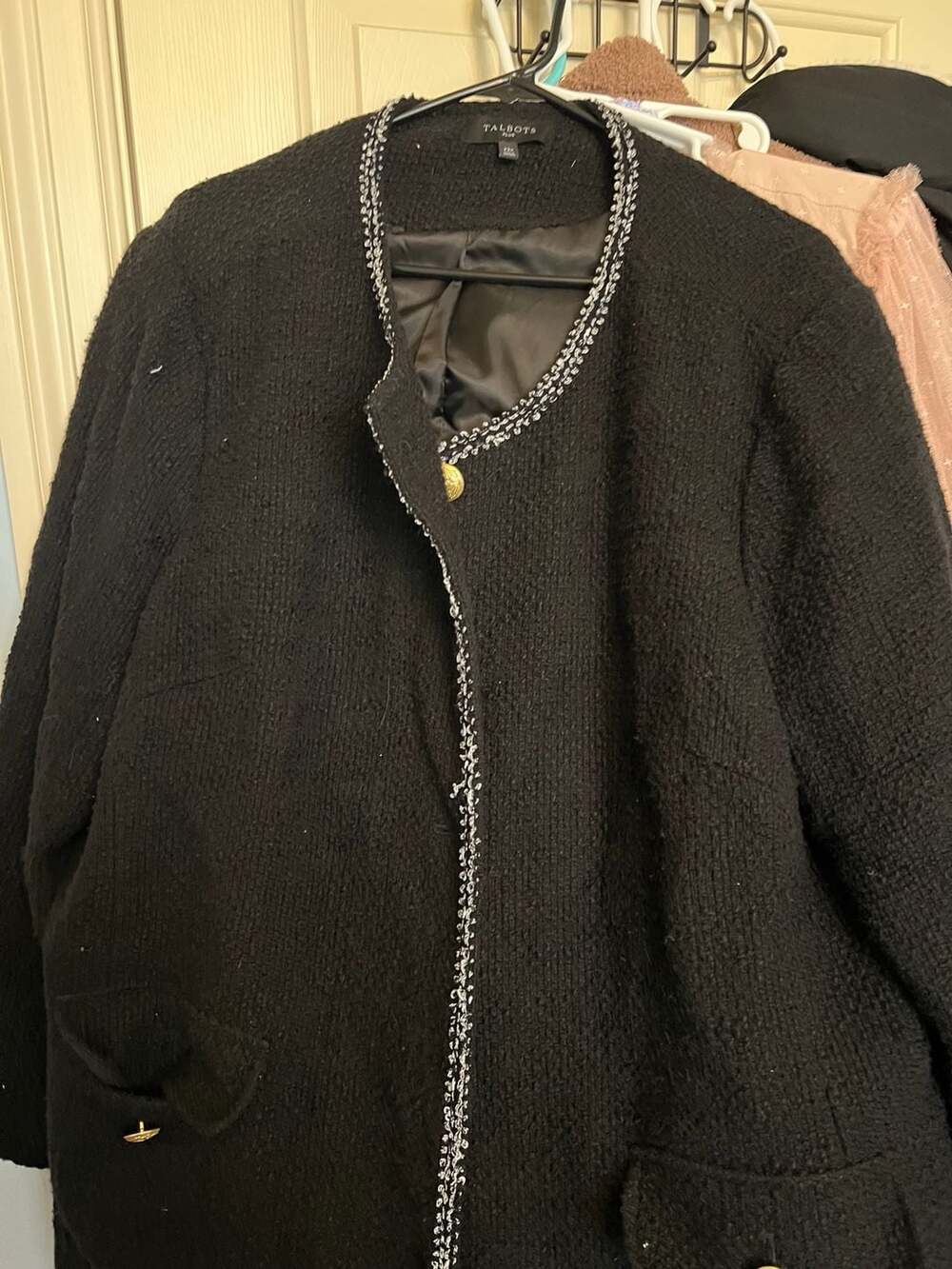 Talbots Plus Size Black Tweed Boucle Jacket with Gold Buttons and Braided Trim